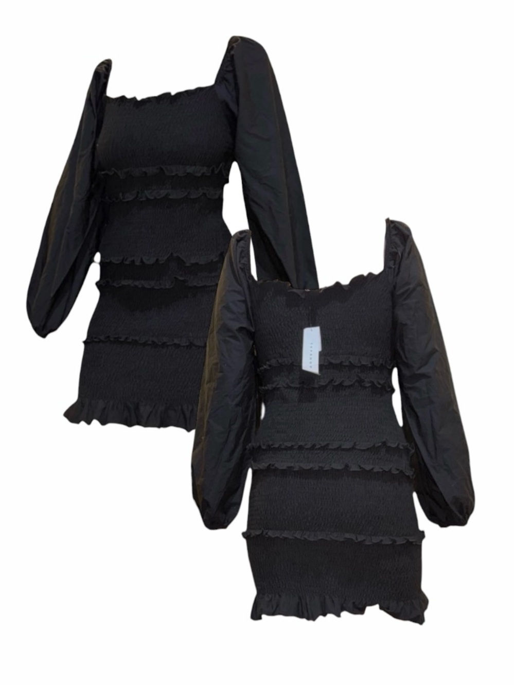 Topshop Black Smocked Mini Dress with Puff Long Sleeves